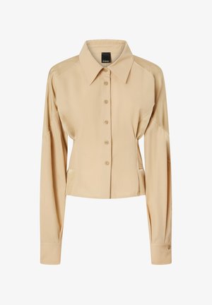 Bež košulja dugih rukava s ovratnikom, dugmadi sprijeda i prilagođenim krojem. Glatka tkanina s ugrađenim dizajnom ramena.