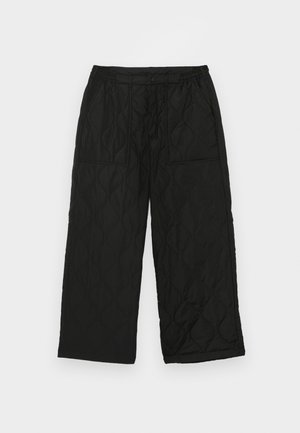 Pantaloni negri matlasati cu talie elastica, buzunare laterale mari si o croiala lejera. Materialul are o textura subtire si un model cu diamante.