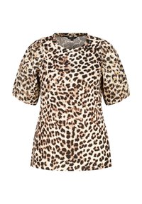 T-shirt en imprimé léopard avec un col rond, des manches courtes et une coupe décontractée. Fabriqué en tissu doux avec des nuances variées de marron et de beige.