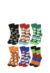 Set di otto paia di calzini a grembiule; vari colori tra cui nero, rosso, verde e arancione; caratterizzati da design e motivi con personaggi dei cartoni animati.