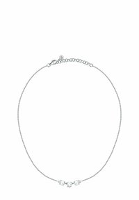Collana a catena d'argento con tre gemme chiare e rotonde collegate da delicati anelli. Dotata di chiusura a moschettone e lunghezza regolabile.