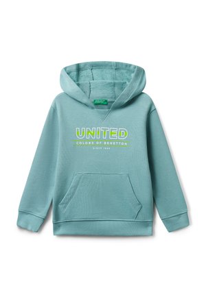 Felpa con cappuccio azzurro chiaro, dotata di tasca frontale e con la scritta "UNITED Colors of Benetton Since 1965" stampata in verde e bianco sul petto.