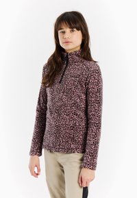 Mikina s leopardím vzorom z fleecu v ružovej a čiernej farbe, s štvrť-zipsom a dlhými rukávmi. Mäkkej textúry, priliehavý dizajn.