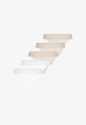 Fünf Damen-Strings mit Spitzenbesatz in Beige und Weiß, diagonal überlappend auf einem weißen Hintergrund angeordnet.