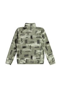Grüner Fleece-Pullover mit abstrakten schwarzen Mustern. Hoher Kragen, lange Ärmel und eine weiche Textur. Abgeschlossen mit subtilen Stichdetails.