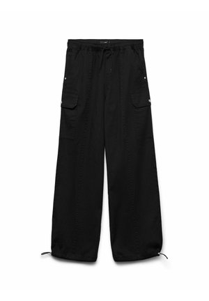 Pantaloni cargo neri in cotone con vita elastica, coulisse, due tasche laterali e polsini regolabili.