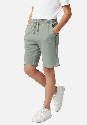 Lichtgroene katoenen shorts met een elastische tailleband en trekkoord, voorzien van zijzakken en een klein logo aan de voorkant. Gestyled met witte sneakers.