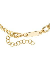 Gold-colored chain necklace with a lobster clasp, featuring interlocking links and an elongated rectangular ID tag.
