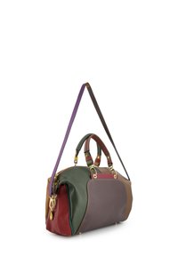 Multi-colored leather handbag featuring a structured design with a mix of green, brown, and red panels, dual handles, and a detachable strap.