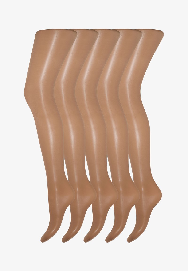 Nødder pantyhosesæt med fem par, skinnende finish, gennemsigtig tekstur, glat materiale og fodet design med forstærkede tæer.