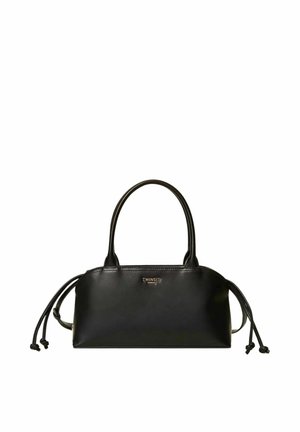 Borsa a mano in pelle nera con due manici, dettagli a coulisse sui lati e piccolo logo "TWINSET" al centro davanti.