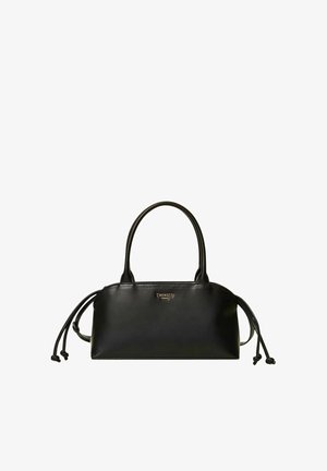 Čierna kožená kabelka s dvoma rukoväťami, sťahovacím detailom na stranách a malým logom "TWINSET" v strede vpredu.