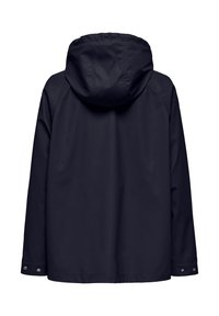 Αδιάβροχο μπουφάν σκούρου ναυτικού μπλε με ευρύχωρη κουκούλα, μακριά μανίκια και μανσέτες με κουμπιά, εμφανίζεται από πίσω σε λευκό φόντο.