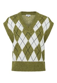 V-Ausschnitt, kurzärmeliger Pullover in olivgrün mit einem weißen Rautenmuster und schwarzen Akzenten; aus weichem, strukturiertem Strickstoff; gerippter Saum.
