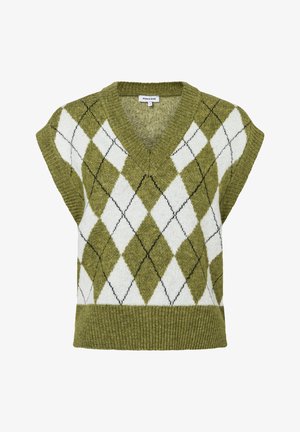 V-Ausschnitt, kurzärmeliger Pullover in olivgrün mit einem weißen Rautenmuster und schwarzen Akzenten; aus weichem, strukturiertem Strickstoff; gerippter Saum.