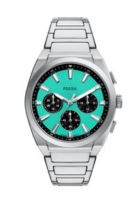 Sølv ur i rustfrit stål med en turkis tekstureret urskive, sorte chronograph underkive, sølv time markører og et strømlinet armbåndsdesign.
