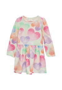 Langärmliges Kleid mit einem bunten Herzmuster in Aquarell. Hergestellt aus weichem Stoff mit einem gerafften Rock und rundem Ausschnitt.