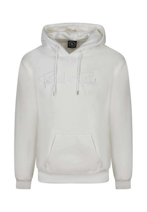 Haut à capuche blanc avec une poche kangourou et des cordons de serrage. Présente un logo brodé "Project x Paris" de couleur assortie sur la poitrine. Tissu doux.