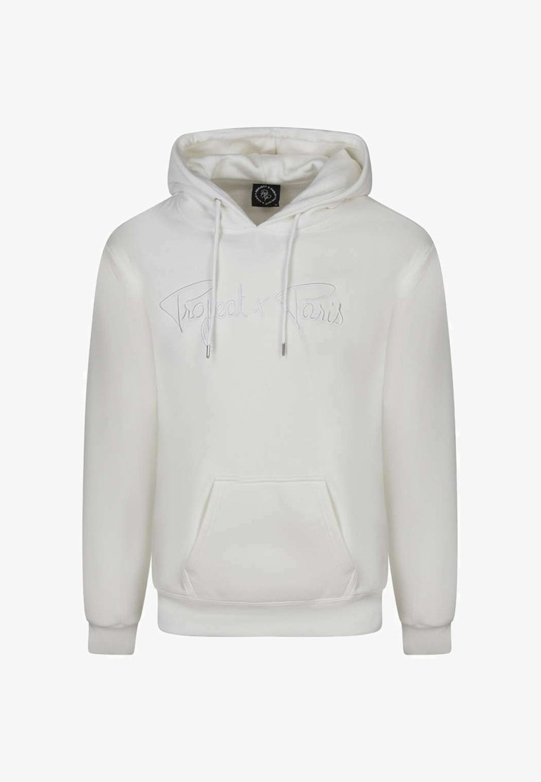 Haut à capuche blanc avec une poche kangourou et des cordons de serrage. Présente un logo brodé "Project x Paris" de couleur assortie sur la poitrine. Tissu doux.