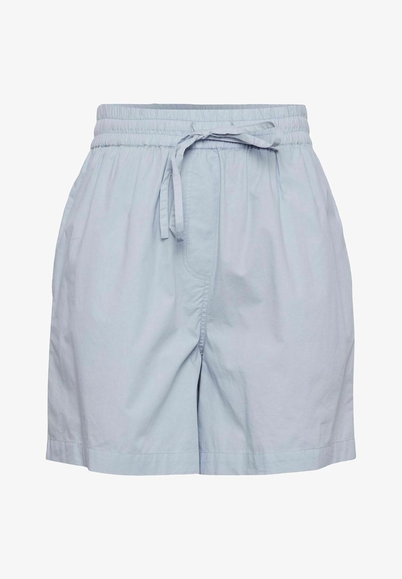Světlé modré bavlněné šortky s elastickým pasem, stahovací šňůrkou a bočními kapsami. Hladká textura a volný střih.