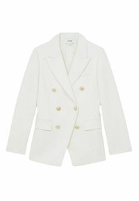Bijela dvostruko kopčana blazer jakna od teksturiranog materijala, s zlatnim gumbima, vrhunskim reverima i dva prednja džepa.