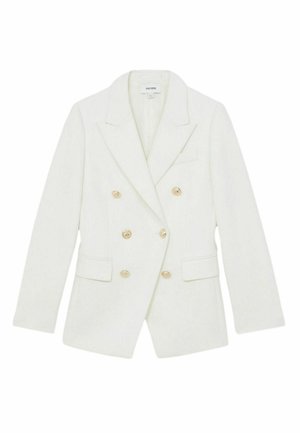 Witte dubbelzijdige blazer van gestructureerde stof, met gouden knopen, piekachtige revers en twee voorzakken.