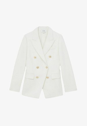 White double-breasted blazer made of textured fabric, featuring gold buttons, peaked lapels, and two front pockets.