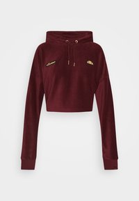 Bordeaux cropped hoodie van zachte velours stof, met gouden hardware, een trekkoordcapuchon en logo-accenten aan de voorkant. Lange mouwen.