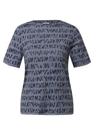 Gray t-shirt with a lined pattern in darker gray. Short sleeves, crew neck, made of soft fabric. Casual design suitable for everyday wear.