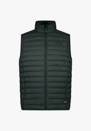 Zwarte gewatteerde mouwloze bodywarmer met een hoge kraag en een ritssluiting aan de voorkant.