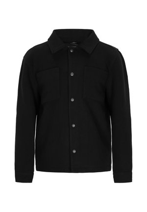 Zwarte button-up jas van textuurstof, met een kraag, twee voorkruiszakken en een rechte snit.