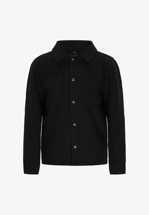 Schwarze knöpfenjacke aus strukturiertem Stoff mit einem Kragen, zwei Fronttaschen und geradem Schnitt.