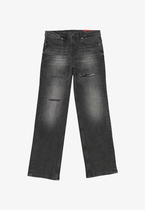 Jeans in denim grigio scuro con design a gamba dritta, dettagli strappati con due tagli orizzontali e classica vestibilità a cinque tasche.