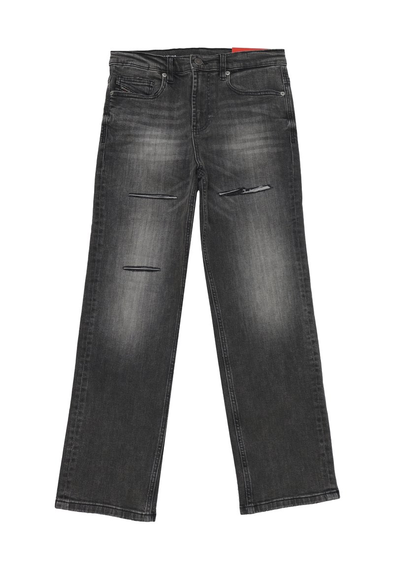 Jeans in denim grigio scuro con design a gamba dritta, dettagli strappati con due tagli orizzontali e classica vestibilità a cinque tasche.