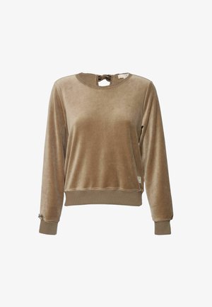 Mjukt beige sammet långärmad topp med ribbade mudd och nederkant, rund halsringning med ett litet nyckelhål och tygband i ryggen.