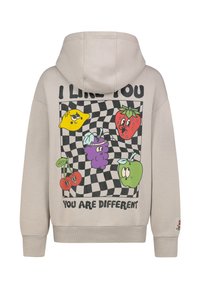 Lichtgrijze hoodie met een graphic van cartoonfruit op een geruit achtergrond, tekst luidt "IK VIND JE LEUK JE BENT VERSCHILLEND."