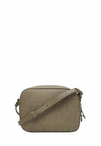 Borsa a tracolla color taupe con motivo a rilievo "AX", tracolla regolabile e chiusura con zip dotata di tirante metallico "A".