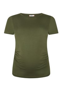 Olivengrünes Schwangerschafts-T-Shirt mit kurzen Ärmeln, rundem Ausschnitt und gerafften Seiten für eine taillierte Passform. Weiches, dehnbares Material.