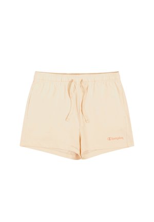 Shorts di cotone color pesco con fascia elasticizzata e cordino. Presentano tasche laterali e un piccolo logo ricamato sul davanti.