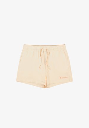 Pantalones cortos de algodón color melocotón con una cintura elástica y cordón. Presentan bolsillos laterales y un pequeño logotipo bordado en la parte frontal.