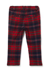 Leggings a quadri rossi e blu navy con cintura elastica, caratterizzati da una texture in tessuto spazzolato e due tasche posteriori con cuciture decorative.