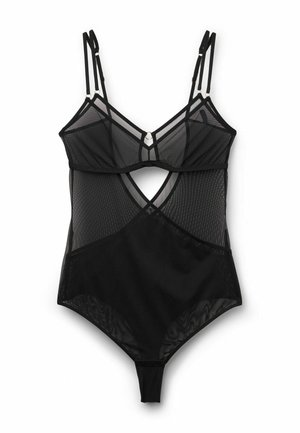 Svart bodysuit med meshpaneler, med justerbara band, V-formad halsringning och en central utdragning. Mjuk, semi-transparent textur.
