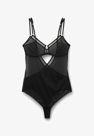 Body nero con pannelli in rete, dotato di spalline regolabili, scollatura a V e dettaglio centrale con apertura. Texture morbida e semitrasparente.