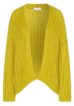 Chunky knit open-front mustard yellow cardigan with long sleeves and ribbed cuffs and hem.