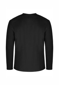 Schwarzes Langarmshirt aus Baumwolle, mit Rundhalsausschnitt, einfarbig und ohne sichtbare Muster oder Akzente auf der Rückseite.