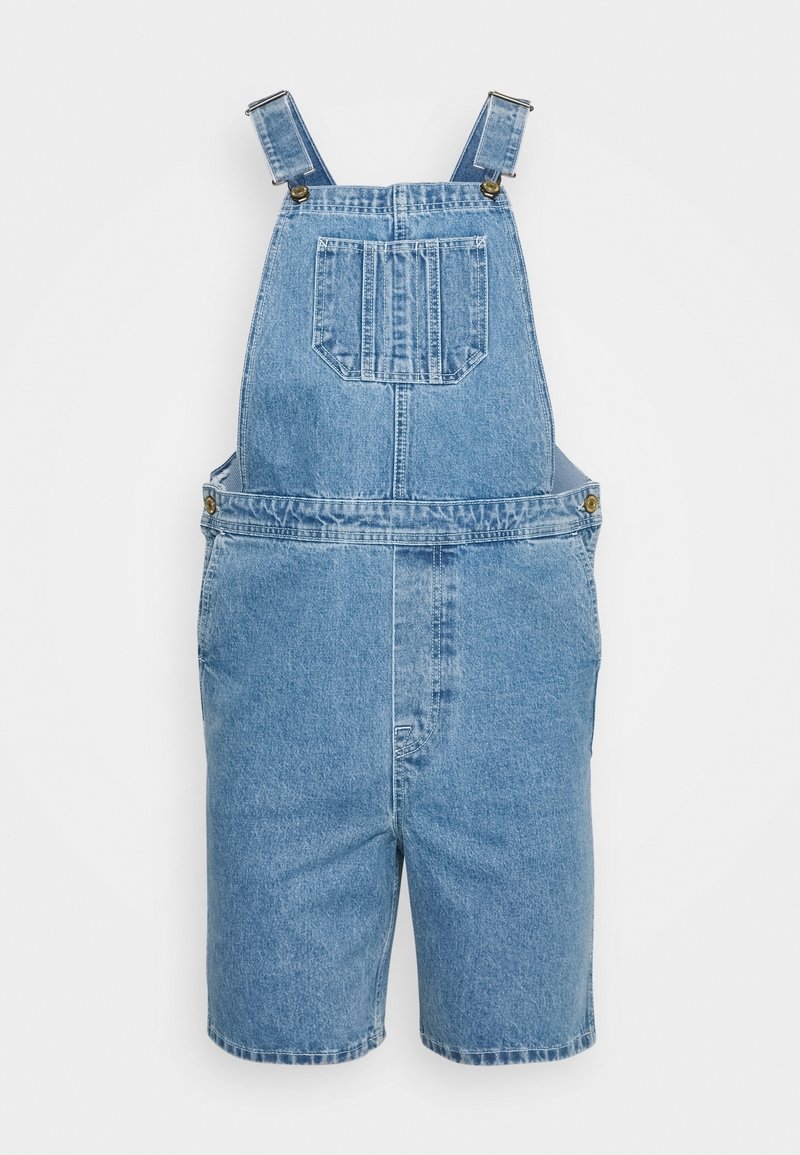 Lyhyet vaaleansiniset farkkutakit, joissa on säädettävät hihnat, etutasku ja rento istuvuus. Sujuva rakenne ja klassinen muotoilu.