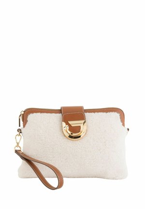 White textured faux fur clutch bag with brown leather accents, gold hardware, and a detachable wrist strap. Features a zip closure and decorative buckle.