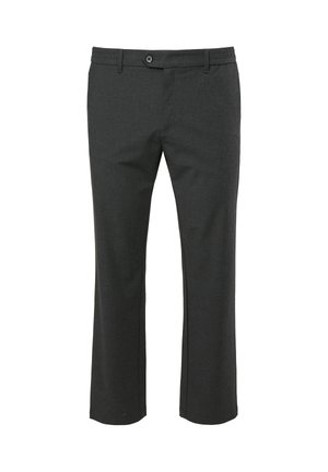 Donkere grijze broek met een rechte pijp, gemaakt van een gestructureerde stof, met een knoopsluiting en een elastische tailleband.