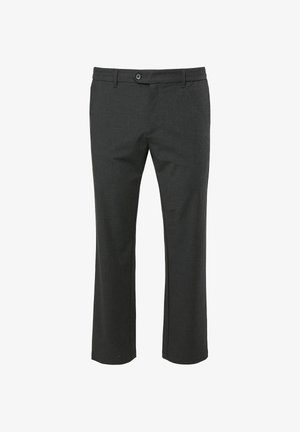 Donkere grijze broek met een rechte pijp, gemaakt van een gestructureerde stof, met een knoopsluiting en een elastische tailleband.