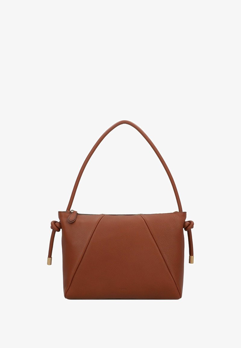 Borsa a tracolla in pelle marrone con una singola tracolla curva, chiusura con zip e estremità annodate con cappucci color oro.